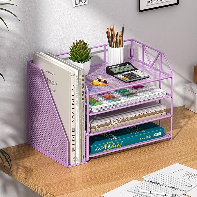 Purple Desk Organizers and Accessories with File Holder – Aesthetic Desk Accessories for Women – Decorative Office Set with Magazine Rack – Room Desk Accessories for Teen Girls Office Setup