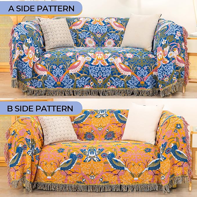 King Throw Blanket for Bed 100% Cotton Boho Oversized Soft Cozy Muslin Quilt Blanket Double Embroider Bird and Florals, Vintage Farmhouse Cottage Woven Blankets for Bedding Couch,90"×98"- Blue&Yellow
