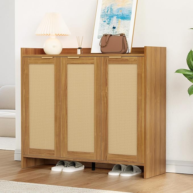 Shoe Cabinet, 41" Tall Rattan Shoe Storage Organizer Cabinet, Adjustable Shelves, 6-Tier Farmhouse Boho Wooden Storage Cabinet for Entryway Hallway Closet Bedroom,Oak