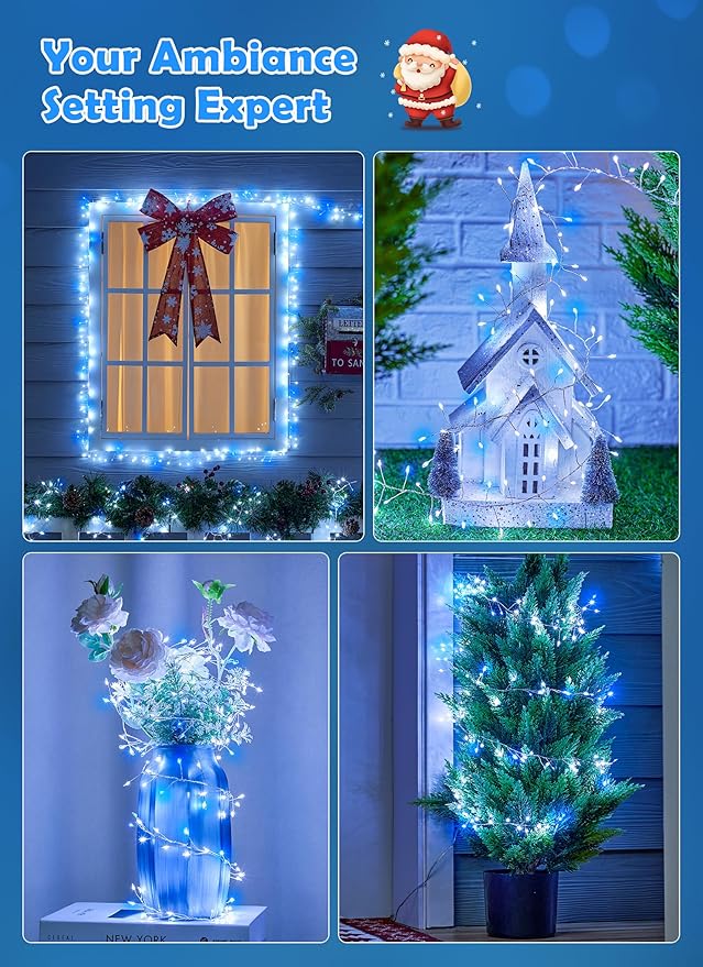 Fairy Lights Plug in, 10ft 200LED Cluster String Lights - Twinkle Copper Wire Christmas Tree Lights Waterproof for Bedroom Decor, Indoor/Outdoor Party, Patio, Garden，Blue White，2pack