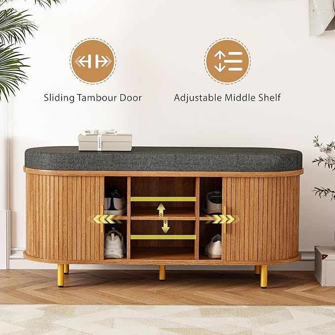 Entryway Bench with Storage: 43.31" Wooden Bedroom Shoe Bench with Thickened Padded Seat Cushion, Mid Century Modern Fluted Sliding Door and Adjustable Shelf, for Entryway, Living Room