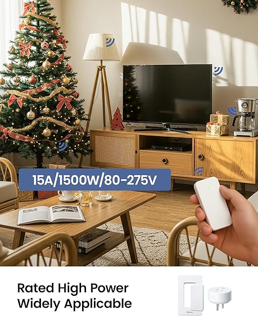 Remote Control Outlet Plug with 2 Switches, Buckle Design & Removable Wireless Light Switch, No Wiring Needed, 300 ft, 15A/1500W, Programmable, for Household Appliances
