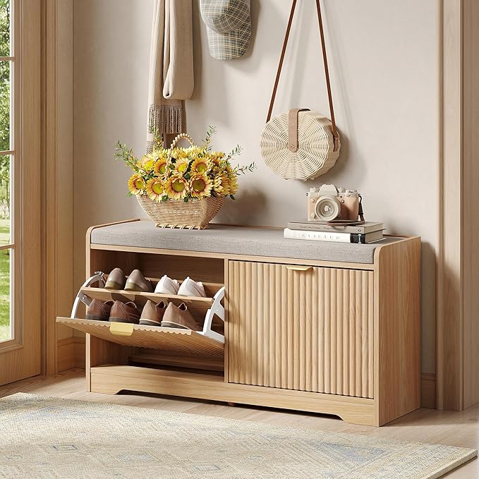 Maupvit 39.4" Fluted Shoe Bench with Storage, Narrow Entryway Bench with Removable Seat Cushion & 2 Flip-Drawers, Shoe Cabinet Bench, Boho Hidden Shoe Rack for Entrance, Hallway, Living Room (Natural)