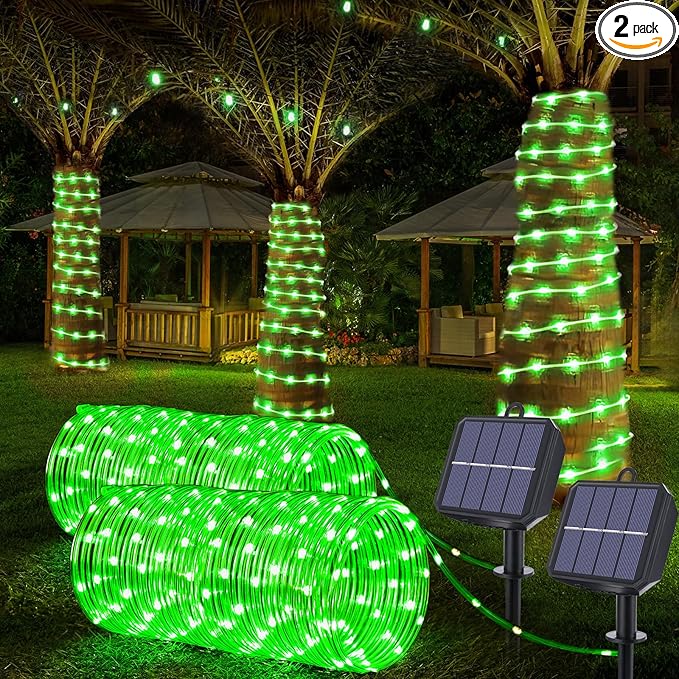 Solar Rope Lights, 2 Packs Total 132ft 400LEDSolar String Lights, 8 Modes Waterproof Solar Powered Outdoor Light, Flexible Clear Tube Light for Garden Backyard Patio Deck Porch Tree Xmas Decor - Green
