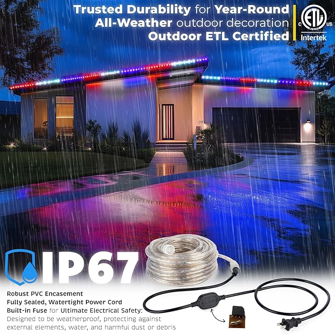WYZworks 3312LEDs, 300ft LED USA Patriotic American Red White Blue Outside Rope Lights, Outdoor ETL Certified Waterproof Permanent 360 Degree Light, Flexible Tube, Connectable, Palm Tree Exterior