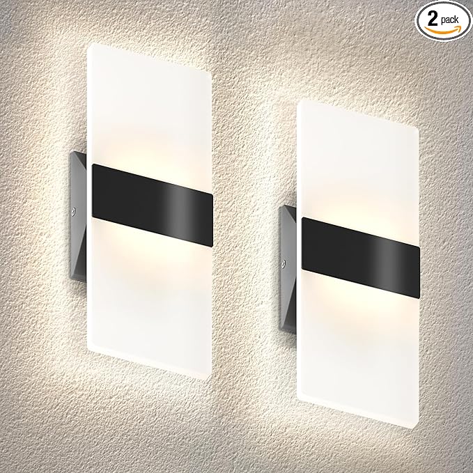 ASD 12 Inch Indoor LED Wall Sconce - 12W 2700K-5000K Dimmable Black Wall Sconce Lights for Living Room, Bedroom, Bathroom, Hallway - Modern Wall Sconces Hardwired, UL Interior Light, Set of 2