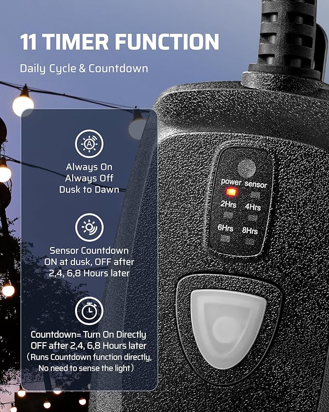 DEWENWILS Outdoor Timer Outlet Waterproof with 11 Modes, Outdoor Light Timer, 100FT Remote Control, for Outdoor Lights, Pump, Sprinkler, Fountain