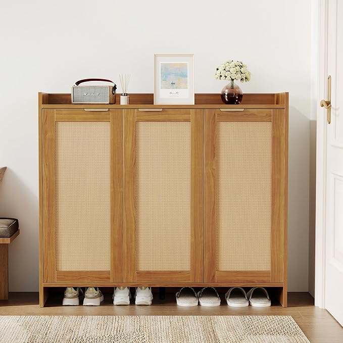 Shoe Cabinet, 41" Tall Rattan Shoe Storage Organizer Cabinet, Adjustable Shelves, 6-Tier Farmhouse Boho Wooden Storage Cabinet for Entryway Hallway Closet Bedroom,Oak