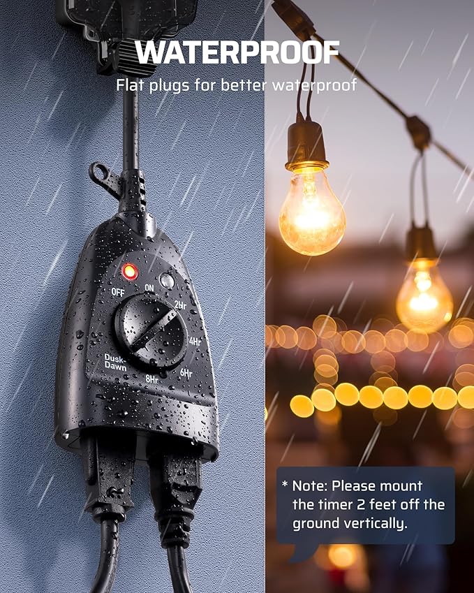 DEWENWILS Outdoor Timer Outlet Waterproof, Heavy Duty Outdoor Light Timer with Dusk to Dawn Sensor, 2 Grounded Outlets, 15A 125V 60Hz, Waterproof for String Lights, ETL Listed