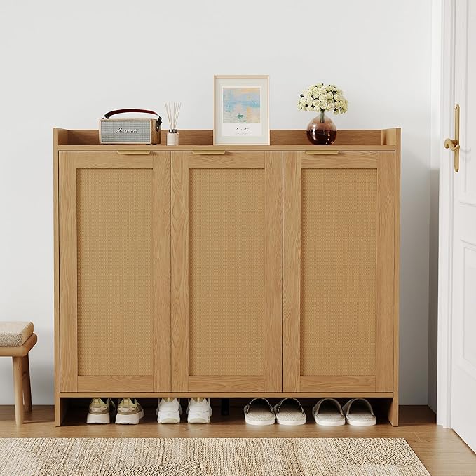 Shoe Cabinet, 41" Tall Rattan Shoe Storage Organizer Cabinet, Adjustable Shelves, 6-Tier Farmhouse Boho Wooden Storage Cabinet for Entryway Hallway Closet Bedroom,Lightoak