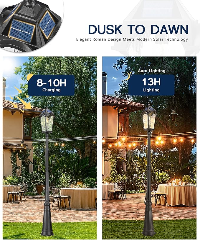 FEMILA Solar Lamp Posts Outdoor Lighting, 85.4" Aluminum Glass Outdoor Pole Lights, Dusk to Dawn Solar Street Light with Remote Control for Yard Garden Driveway, 4FYX95PL-SL BK