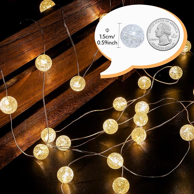 Globe String Lights,10FT 30 LED Decorative Christmas Lights,8 Modes Crystal Crackle Ball Lights,USB Twinkle Fairy Lights for Bedroom,Indoor,Outdoor,Classroom,Wedding,Party,Garden,Warm White