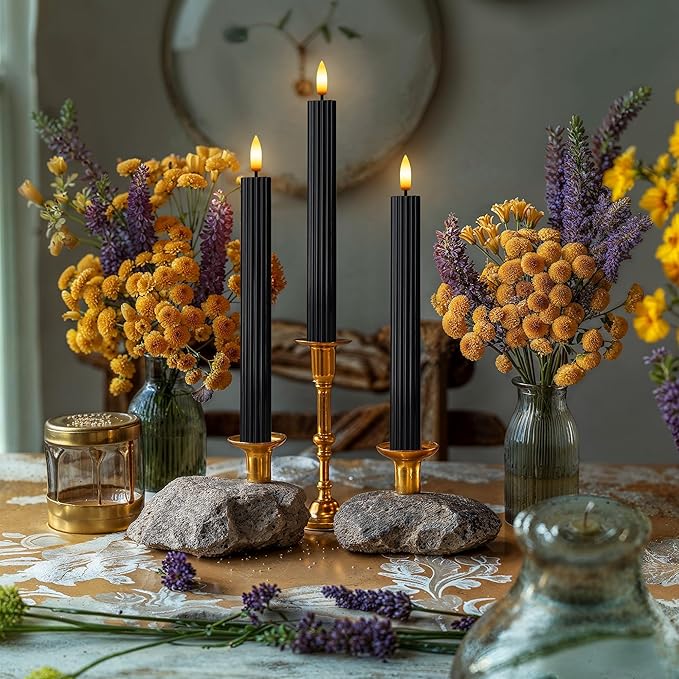 12 Pack, 10" LED Flameless Black Fluted Ribbed Grooved Taper Candles, Remote & 24h Timer Memory, On/Off Button, Dimmable, Flicker Mode, Battery Operated, Christmas Menorah Wedding