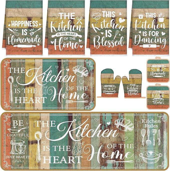 Fourluoo 10 Pcs Farmhouse Kitchen Decor and Accessories Set 4 Kitchen Towels 2 Pot Holders 2 Oven Mitts 2 Rugs for Cooking Baking Mom Housewarming Gifts(Vintage Wood Grain,Classic Style)