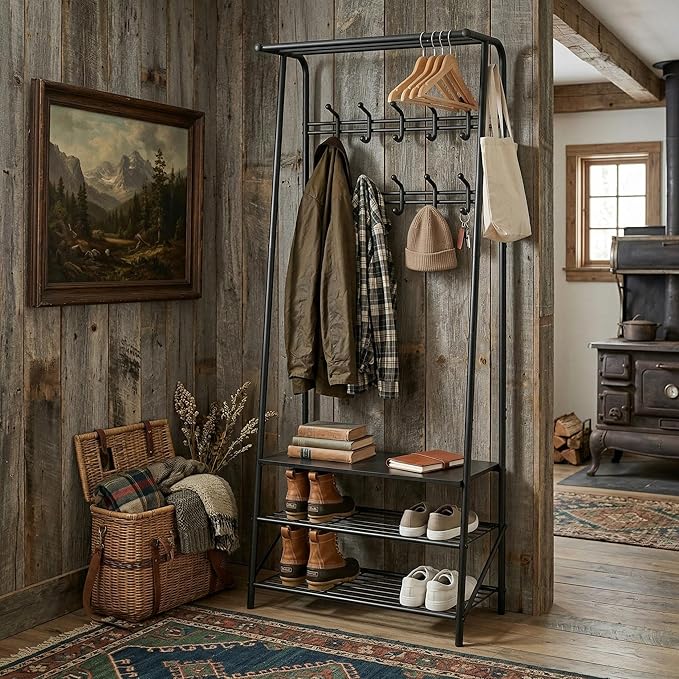 24" Black Hall Tree with Bench and Shoe Storage, Double Row Hooks Coat Rack Freestanding Organizer, Heavy Duty Coat Rack with Shoe Storage, Coat and Shoe Rack Entryway Mudroom Hallway