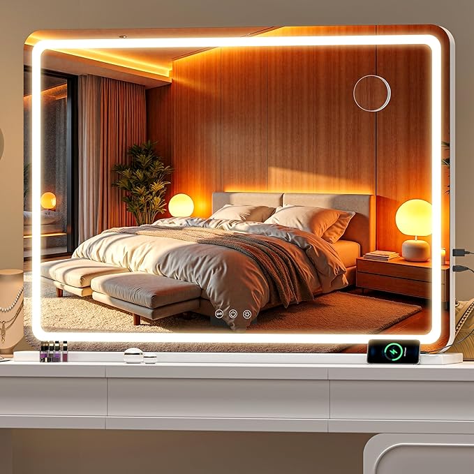 Vanity Mirror with Lights, 40" x 29" LED Makeup Mirror with 10X Magnification, Dimmable 3 Modes, Memory Function, Smart Touch, USB Charging Port, Lighted Makeup Mirror Round White