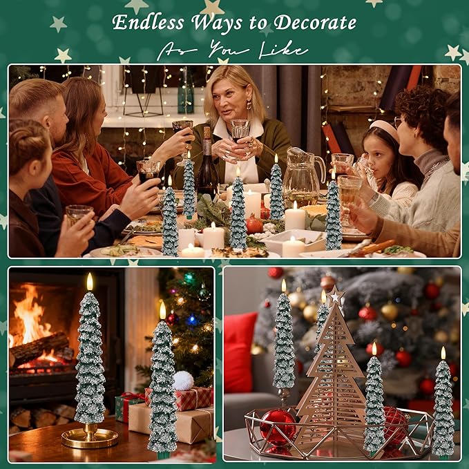 Christmas Tree Candles with Snow, 9.6" Green Real Wax Flameless Taper Candles with Remote, Flickering Xmas Candlesticks for Home, Party Decor, 4 Pack