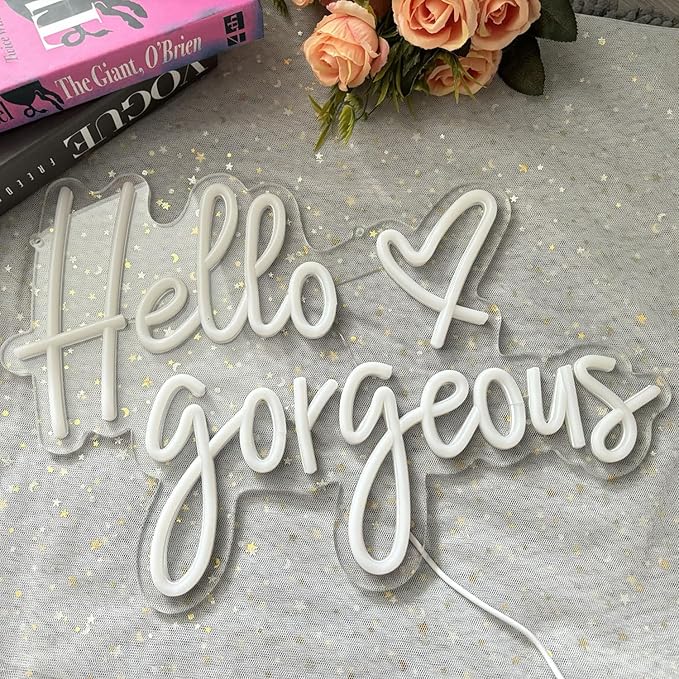 Hello Gorgeous Neon Sign,LED White Neon Hello Sign Decorative Art Lamp with Dimmable Switch Suitable for Home Wedding Birthday Backdrop Party,17x10In,Usb Powered(White Hello Gorgeous)