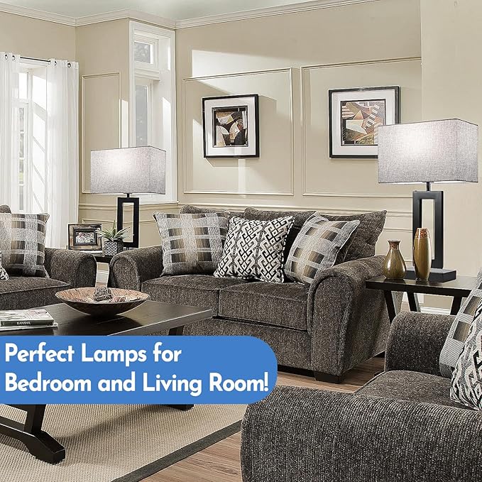 22’’ Tall Set of 2 Touch Control Table Lamp w. 2 USB Ports, 3-Way Dimmable Modern Bedroom Bedside Touch Lamps w. Fabric Gray Shade for Living Room End Table Nightstand Reading