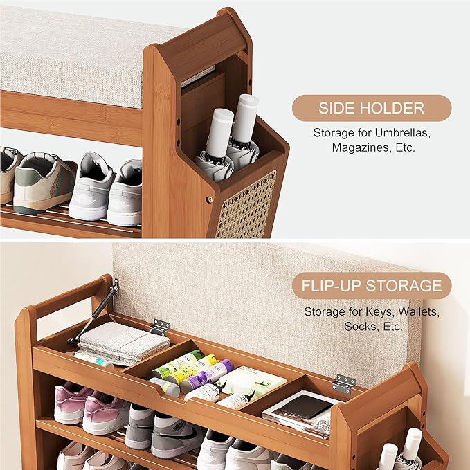 31.5" Bamboo Shoe Rack Bench with Coat Rack, 3-Tier Entryway Bench with Thick Cushion, Flip-Top & Side Baskets, Holds Up to 550 LBS for Hallway, Living Room, Bedroom