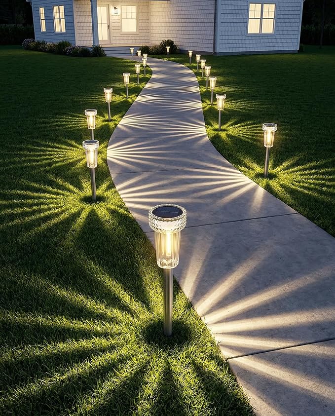 DERAYSION 12 Pack Solar Pathway Lights Outdoor, Auto Dusk-to-Dawn Landscape Garden Lighting, Waterproof Stainless Steel Pole Lighting for Path, Yard, Walkway, Garden, Driveway Decor - Warm White
