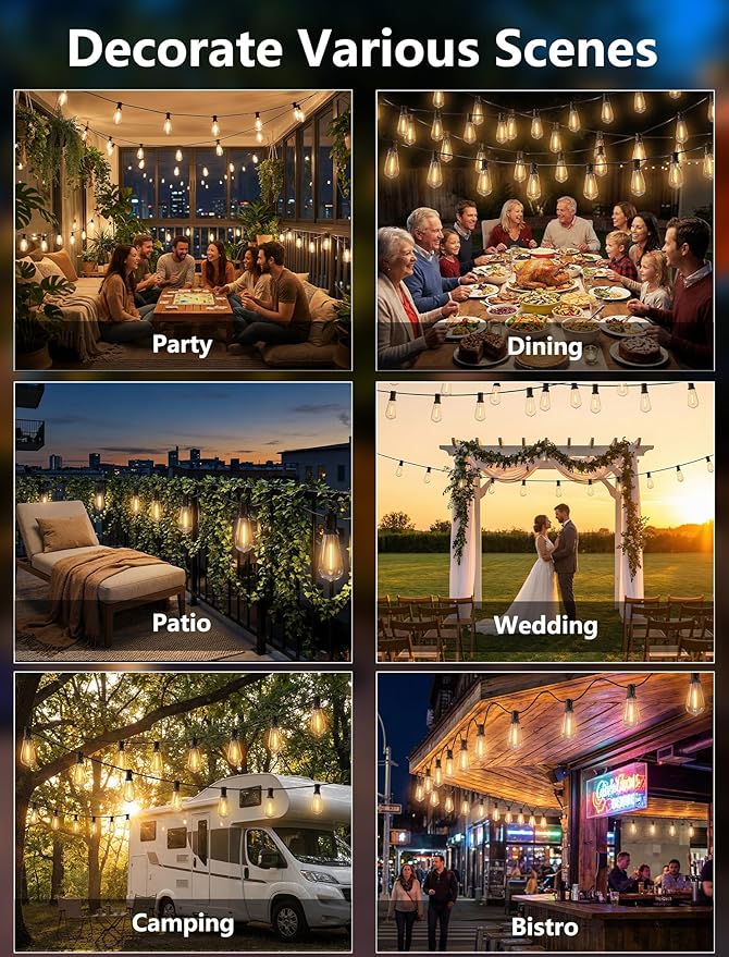 LED Outdoor String Lights for Patio 20Ft, Waterproof Patio String Lights with 22 ST40 LED Edison Bulbs for Deck, Garden, Backyard,House, Vintage String Lights Fit E17 Base, 2700K Dimmable