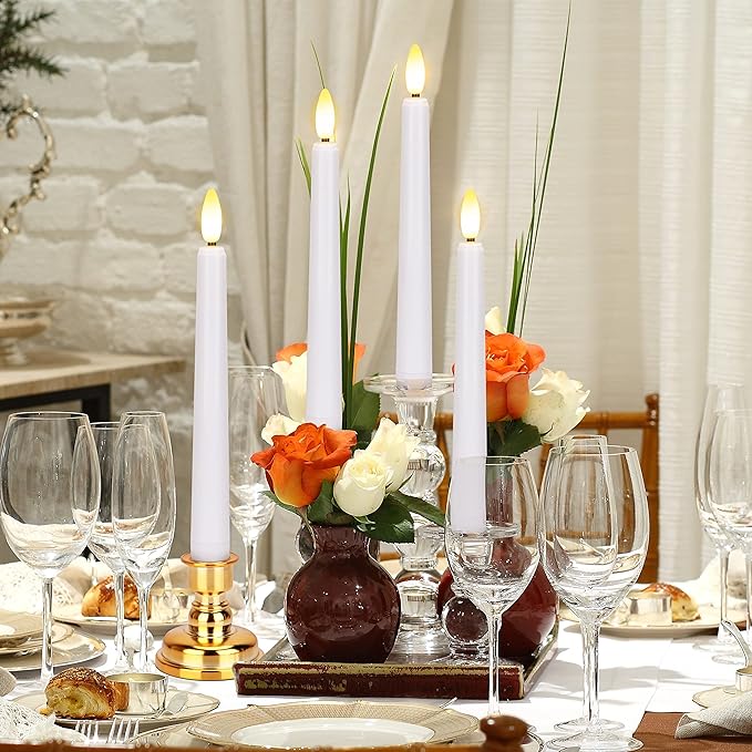 Flameless Taper Candles Flickering with Remote Timer, 4PCS Battery Operated Window Candles with Gold Candlesticks and Suction Cups, 8 Inch Warm White 3D Flame Candle for Home, Xmas Decor(White)