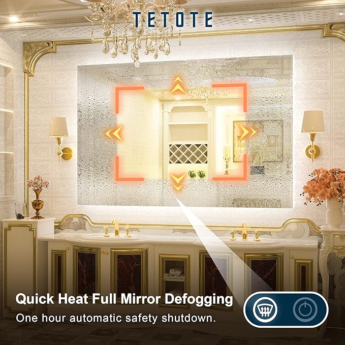 TETOTE 60 x 40 LED Backlit Bathroom Mirror with Light,3 Color White/Warm/Natural,Anti-Fog Lighted Mirror,Dimmable,Vanity Mirror,Wall Mounted