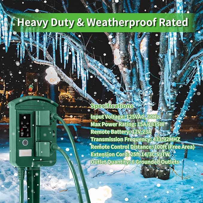 Outdoor Power Stake Timer for Christmas Light Decorations Waterproof, Dusk to Dawn, Outdoor Power Strip with 6 Outlets, 1875W/15A, 100FT Wireless Remote Control, 25FT Extension Cord, Heavy Duty