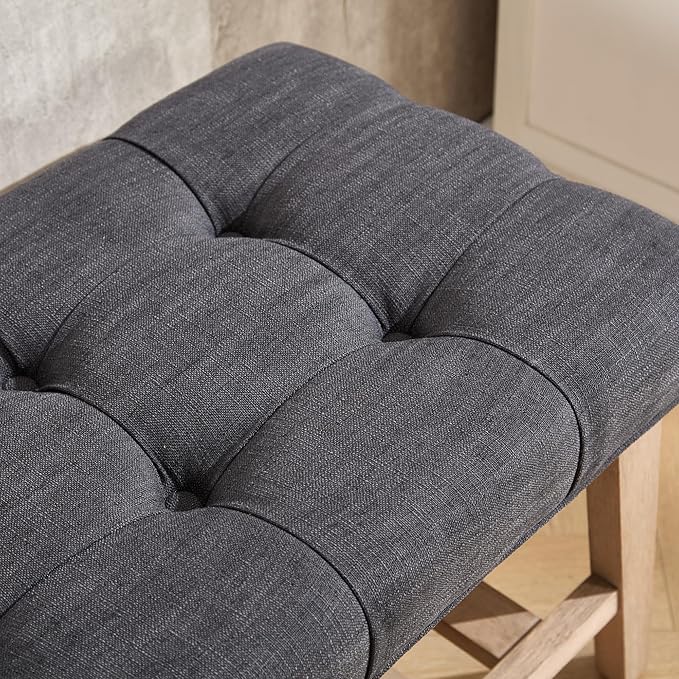 Entryway Shoe Bench Storage Benches with Upholstered Button Tufted Seat and Open Slatted Shelf Linen Ottoman Bench for Hallway Living Room Bedroom End of Bed, Charcoal