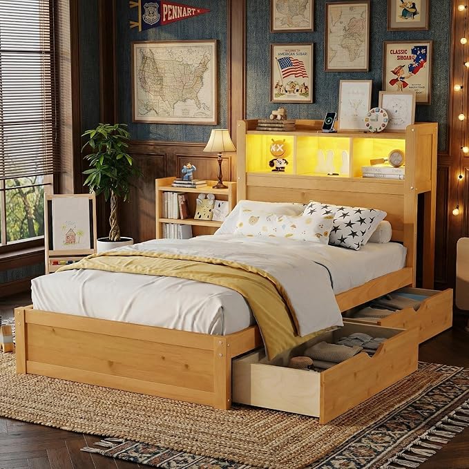 Kids Twin Bed Frame with Drawers & Storage Headboard, Solid Wood Platform Bed with Pull-Out Cabinet, Built-in LED Light & Charging Station, No Box Spring Needed, Natural