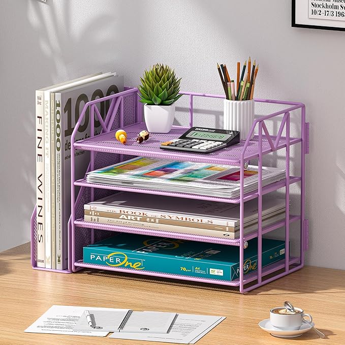 Purple Desk Organizers and Accessories with File Holder – Aesthetic Desk Accessories for Women – Decorative Office Set with Magazine Rack – Room Desk Accessories for Teen Girls Office Setup