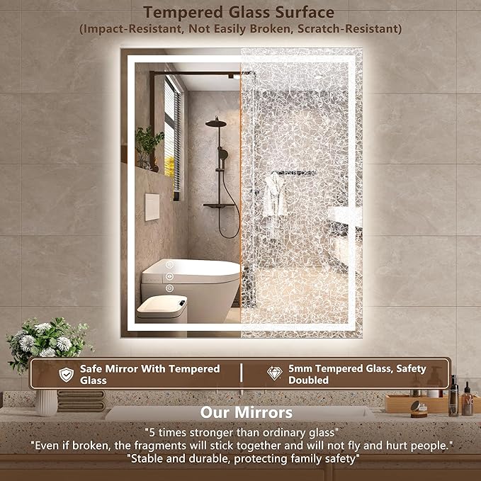 30x36 Inch LED Lighted Bathroom Mirror - Anti-Fog Vanity Mirror with Dimmable Front & Backlit, 3 Color Temp, Smart Memory - Shatterproof HD Glass, IP54 Waterproof Wall Mounted for Makeup Shaving