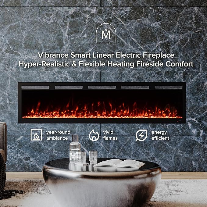 Modern Ember Vibrance 72 Inch Smart Linear Electric Fireplace Insert - Recessed or Wall-Mount, LED Multi-Flame Colors, Alexa/WiFi Enabled - Remote Included - Crystals