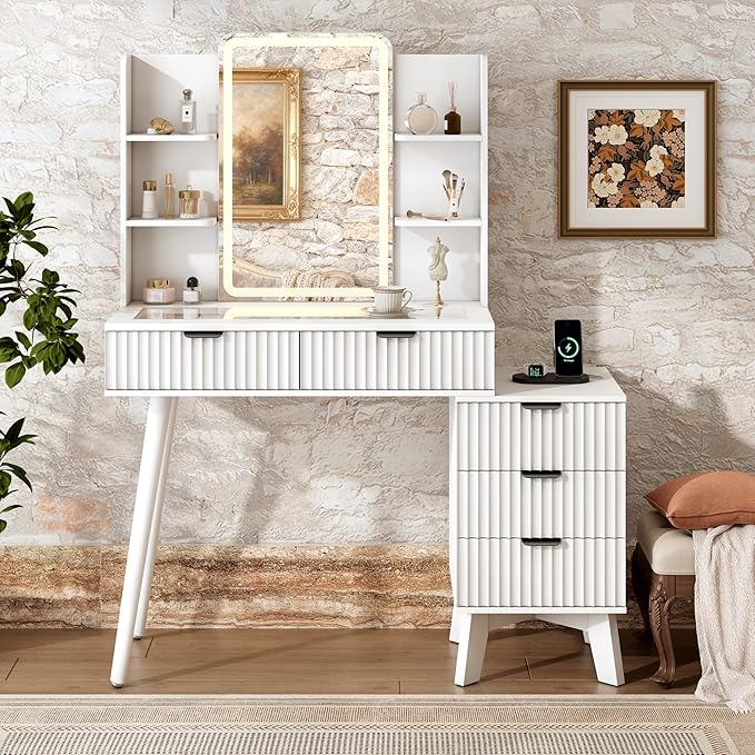 Vanity Desk With HD Lighted Mirror and Lights, Fluted Small Makeup Vanity with Storage Drawers & Shelves, Modern Dressing Table Set with Power Outlet & Glass Table Top for Women Girls Bedroom, White