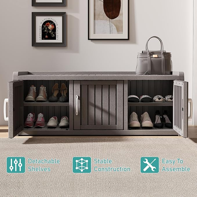 NUNU LAB Shoe Storage Cabinet, Waterproof Shoe Organizer with Adjustable Shelves, UV-Resistant Entryway Shoe Cabinet Bench with 3 Barn Doors for Indoor Outdoor, Foyer, Hallway, Living Room,Grey
