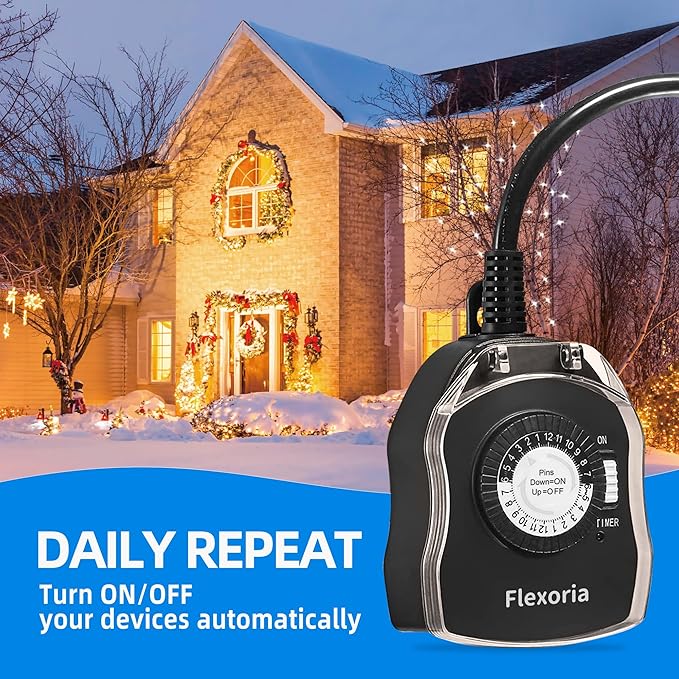 Outdoor Timer Outlet Waterproof, 24 Hour Mechanical Plug in Light Timer, 2 Grounded Outlets for Outdoor Lights, 15A 1/2 HP, ETL Listed (1 Pack)