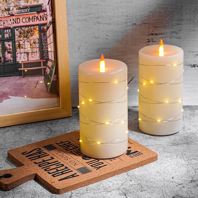 Rechargeable Flameless Candles, LED Candles, Candles with Remote and Timers, Real Wax Pillar Candles, with Flickering Embedded Star String，Ivory White, Set of 2