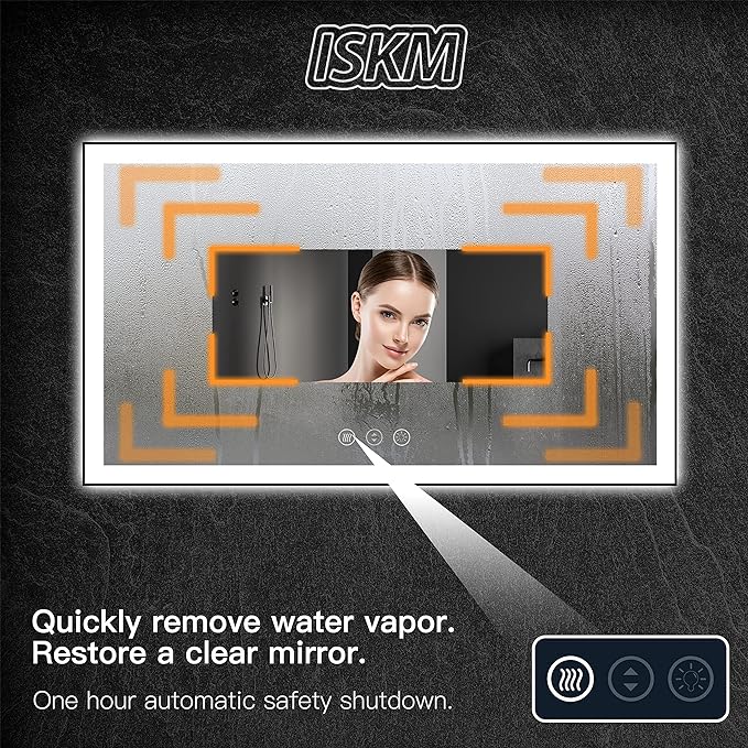 ISKM Framed LED Mirror for Bathroom 48"x28", Dimmable LED Bathroom Mirror with Lights, Anti-Fog, Front and Backlit Lighted Mirror 3-Colors, Shatterproof, Memory Function