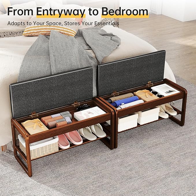 Shoe Rack Bench with Flip-Top Storage, Solid Rubberwood 2-Tier Shoe Organizer with Cushion, Wooden Shoe Stand for Entryway, Mudroom, Hallway, Closet, Front Door Entrance, Foyer