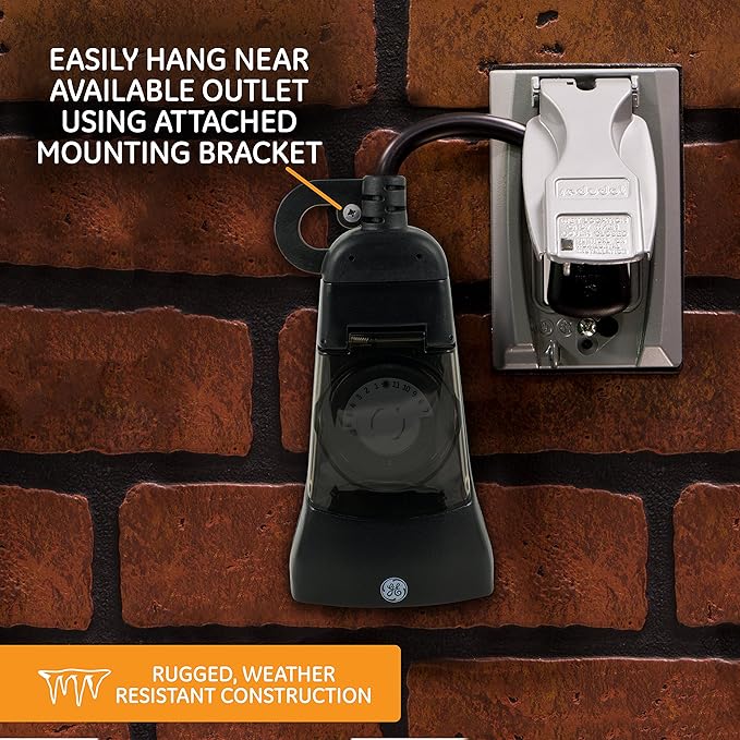 GE 24-Hour Indoor / Outdoor Programmable Mechanical Timer, Dual Outlet Plug-In, 2 Grounded Outlets, Heavy Duty Weather Resistant, 30 Minute Intervals, 15138