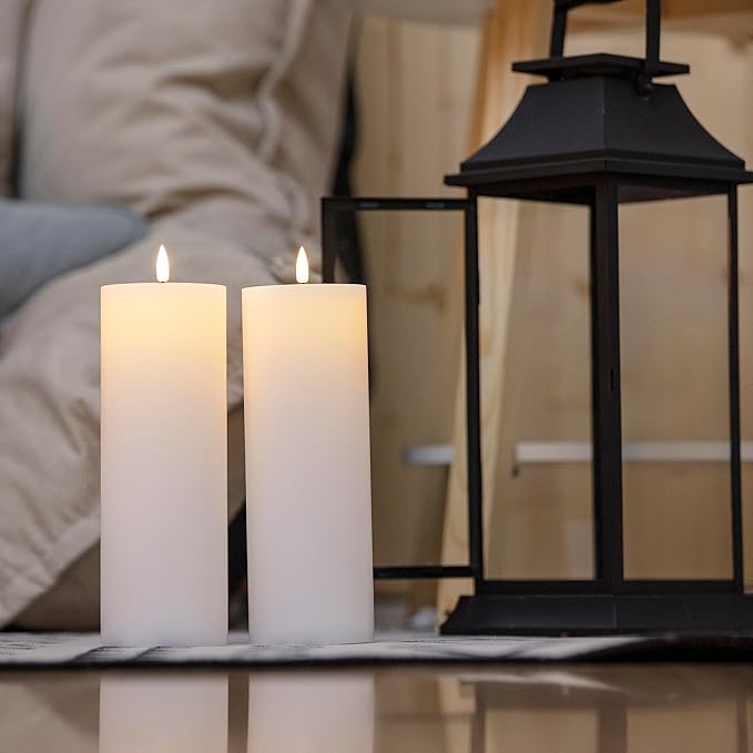 White Flameless Candles Set of 2 (3x9 inch) Flickering LED Wax Candles Battery Operated with Remote Control Timers for Fall Decor/Night Light/Fireplace/Party Dimmable Pillars Flat top