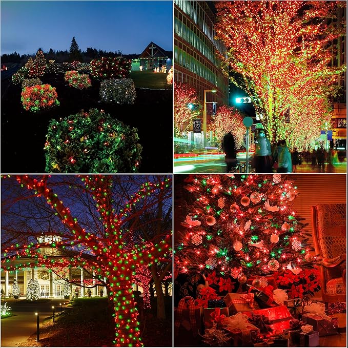 LAMPHOME Red and Green Christmas String Lights, 100 LED 33 FT Christmas Lights Outdoor Waterproof Connectable String Lights Clear Wire with 16 Modes, Xmas Vintage Decorations for Party Yard Garden