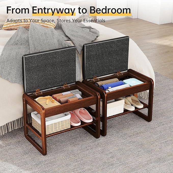 Shoe Rack Bench with Flip-Top Storage, Rubberwood 2-Tier Shoe Organizer with Cushion, Small Wooden Shoe Stand for Entryway, Mudroom, Hallway, Closet, Front Door Entrance, Foyer
