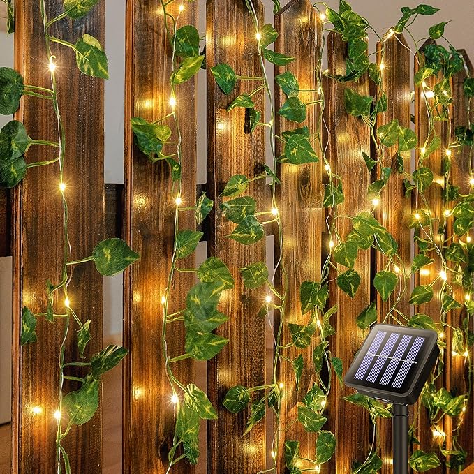woohaha Solar Vine with Fairy Lights,23ft 73LED Ivy String Light for Christmas Decorations,Leaf Light for Bedroom, Room, Wall, Garden, Party, Wedding Decor (Warm White)