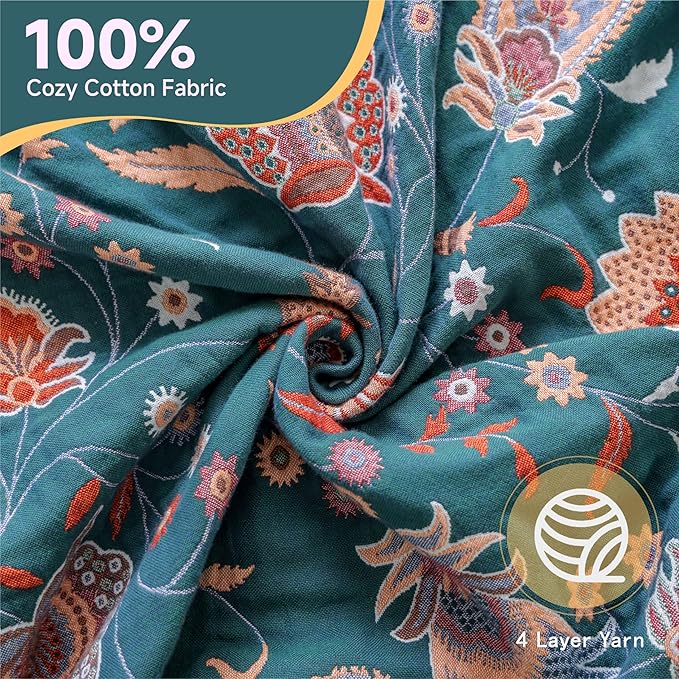 Boho Throw Blanket for Bed,100% Ultra Cotton Soft Breathable Bed Throw Floral Printed Farmhouse Decor Rustic Bed Throws for Couch Sofa Quilt White Flowers 90" x 98"