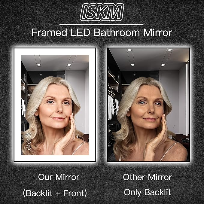 ISKM Framed LED Mirror for Bathroom 44"x36", Dimmable LED Bathroom Mirror with Lights, Anti-Fog, Front and Backlit Lighted Mirror 3-Colors, Shatterproof, Memory Function